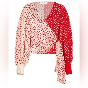 self-portrait red and cream lace trim polka dot blouse